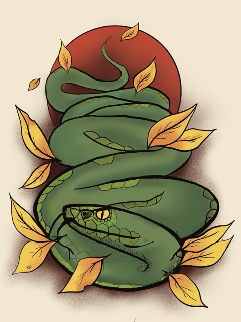 Neo-trad style snake chrled round looking out in front of a red circle and golden leaves